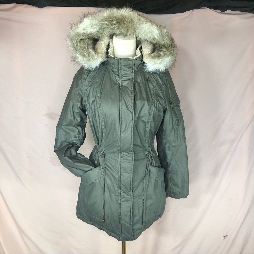 Womens Hooded Parka Removable Hood Jacket with Faux Fur Trim - Gray Size Small